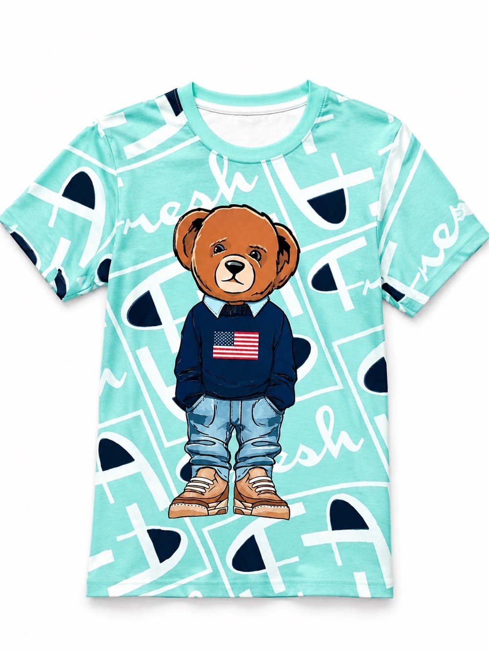 Boys' Light Teal Bear Graphic Short Sleeve Tee